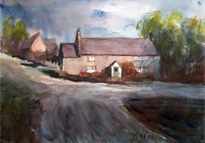 house watercolor portrait painting of a  New England home in the morning