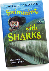 Cover jacket watercolor illustration for children's book Swimming with Sharks.