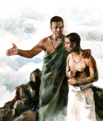 This watercolor painting as the illustration for Appleseeds, a children's magazine. In this watercolor illustration I dipitched the portrait of an Kikuyu African speaking to his son. The story titled as Why the Kikuyu Love Mount Kenya. I use watercolor as my favorite medium for my children's books and children's magazine illustration. mountain zones illustration for AppleSeed children's magazine: Why the Kikuyu Love Mount Kenya