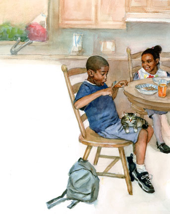 children magazine illustration for "Get Off My Lap, Cat!" watercolor illustration by Yong Chen
