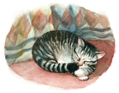 Children magazine illustration for "Get off my Lap, Cat" watercolor illustration by Yong Chen