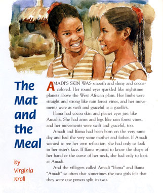 Children magazine illustration for "The Mat and the Meal" watercolor illustration by Yong Chen
