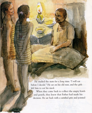 Children magazine illustration for "The Mat and the Meal" watercolor illustration by Yong Chen