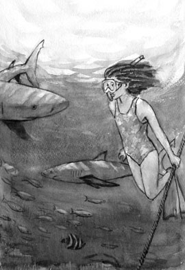 swimming with sharks as look into a shark's eyes