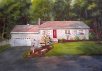 home watercolor portrait painting of a home in the summer sunset.