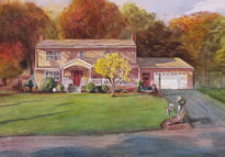 house watercolor portrait painting of a New England home in the morning