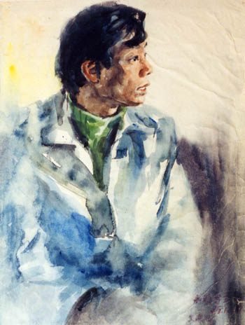 Watercolor Portrait Painting of a Chinese high school teacher in 1985 China