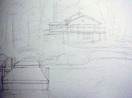 The summer in New England, lake house portrayed in watercolor by Yong Chen