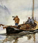watercolor painting of a boat and Foghorn