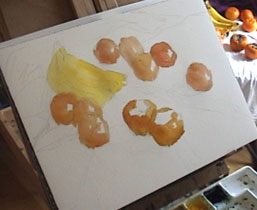 Como pintar uma aquarela pintura de natureza-morta de tangerina e caquis de configuração para terminar, demonstrada por Yong Chen