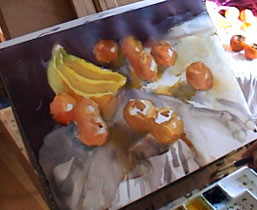 Como pintar uma aquarela pintura de natureza-morta de tangerina e caquis de configuração para terminar, demonstrada por Yong Chen