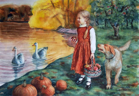 watercolor painting of apple picking and the beauty of the autumn: watercolor painting print for sale