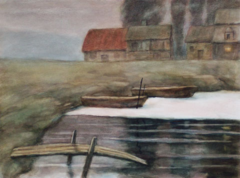 evening and boats watercolor painting for sale