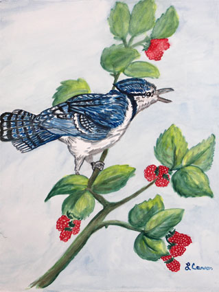 watercolor portrait painting of my grandfather: watercolor painting of blue jay bird by Lisa Carson, a proud student of Yong Chen