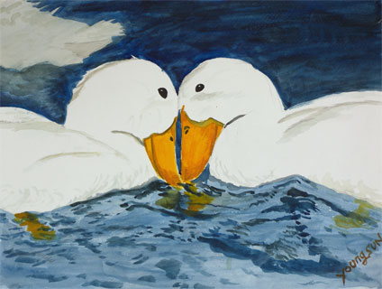 my first watercolor painting experience: watercolor painting of Ducks painting (Love) by Youngsun Kim, a proud student of Yong Chen