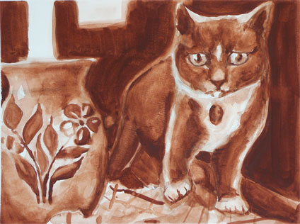 my first watercolor painting experience: watercolor painting of cat and vase by Vanessa Wilson, a proud student of Yong Chen