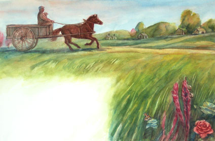 From our wagon I could really see that spring had painted a pretty picture on the countryside. Yong Chen watercolor illustratioon for children's book