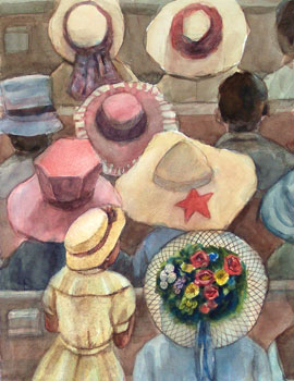 We were inside the church and there were many hats. Yong Chen watercolor illustratioon for children's book
