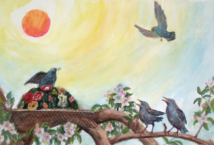 birds are dancing around the hat. Yong Chen watercolor illustratioon for children's book