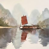 Boat Sail River Watercolor