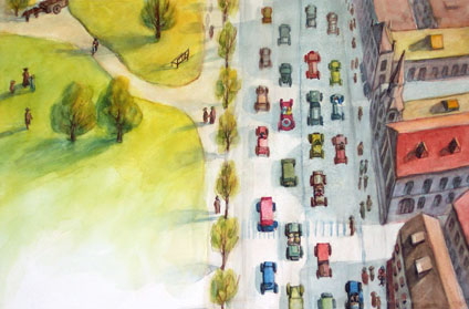 We park our horse and wagon at the park and walk to the shops. There are many cars on the street. They are in differnt shapes and colors.