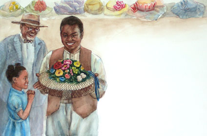 Finally the shopkeeper shows us this beautiful flower hat with lace and bird eggs.