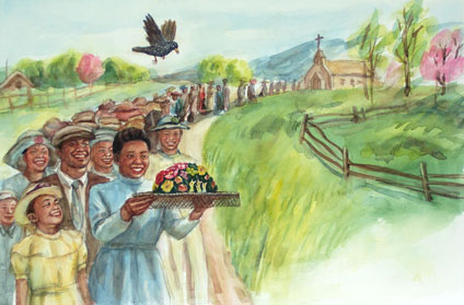 When we leave the church, we form and parade. Mom is holding the beautiful flower hat has 4 baby birds.