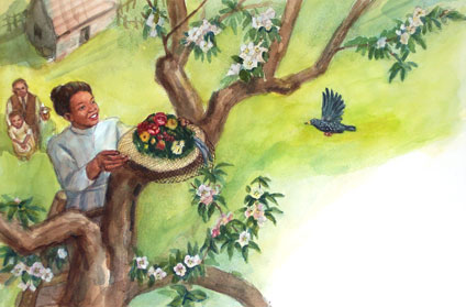 When we get home, mom gets up an apple tree and places the hat with the new baby birds there.