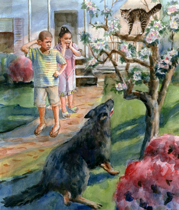 A big black dog is stacking the cat and I have to rescue the cat.