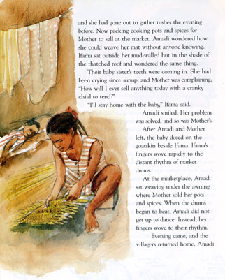 Illustration with Watercolor painting for a Spider Magazine story, The Mat and the Meal.