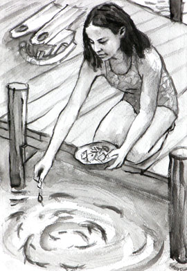 Illustration for children's book Swimming with Sharks: feeding baby sharks.
