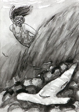 Illustration for children's book Swimming with Sharks: see a dead hammerhead shark.