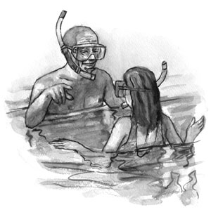 Illustration for children's book Swimming with Sharks: swimming with grandpa.