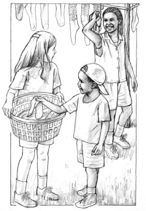 Boy and girls playing with socks.