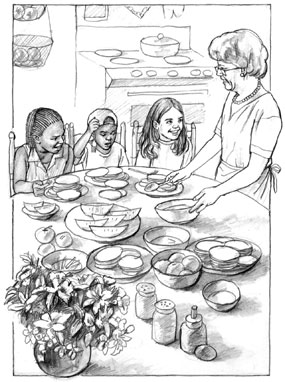 Boy and girls are visiting grandma and having snacks.