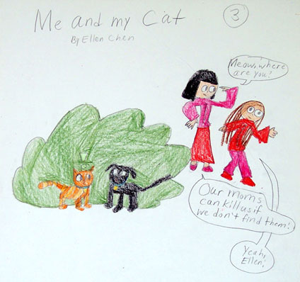 imagination and drawing of cat in an artistic girl's comic art and her loving story