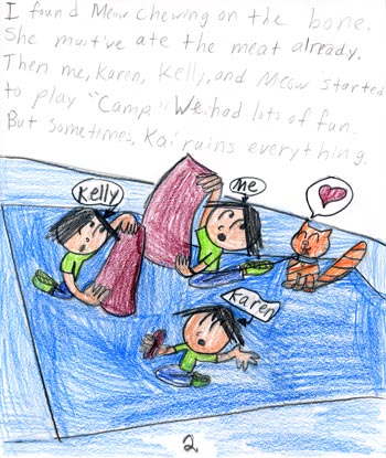 imagination and drawing of cat in an artistic girl's comic art and her loving story