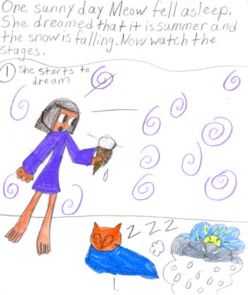 imagination and drawing of cat in an artistic girl's comic art and her loving story