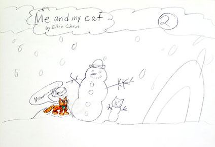 imagination and drawing of cat in an artistic girl's comic art and her loving story