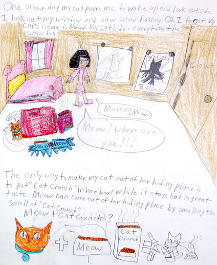 imagination and drawing of cat in an artistic girl's comic art and her loving story